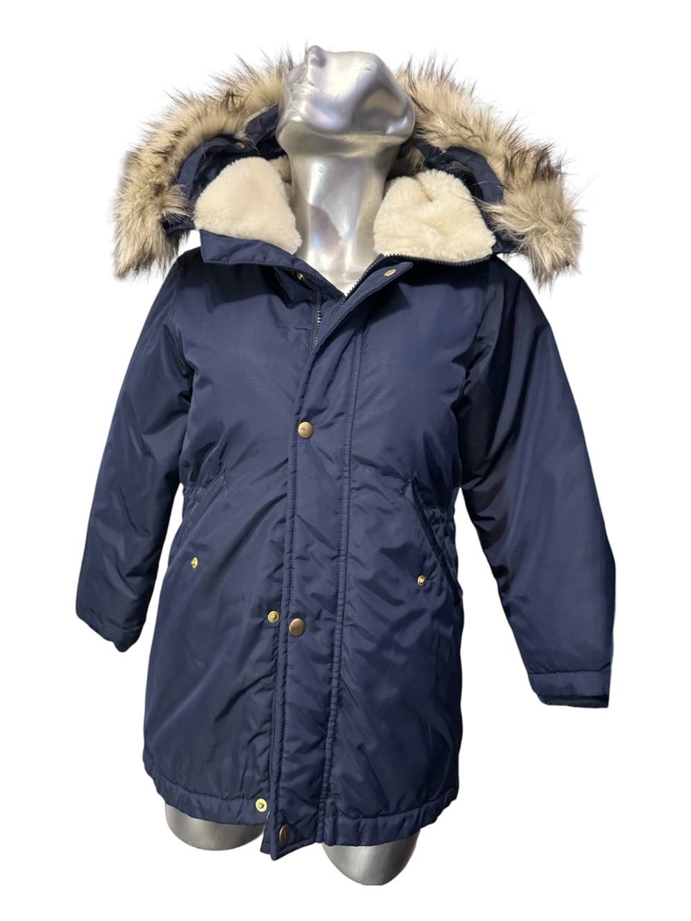 J. Crew Navy Blue Faux Fur Trim Hooded Kids Jacket